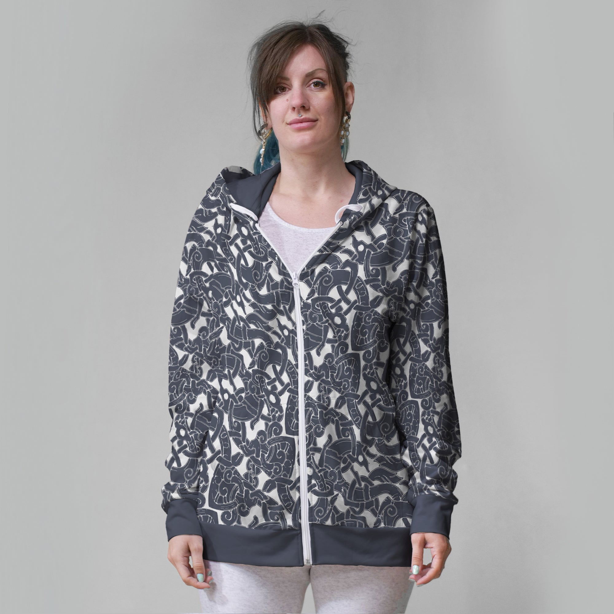 Jelling Wolf Pattern Zip Hoodie